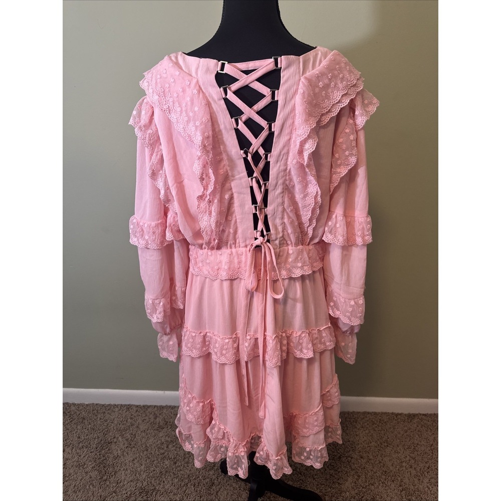 L'ATISTE Women's Pink Smocked Lace Trim V-Neck Corset Back Mini Dress Size XL - Picture 4 of 5